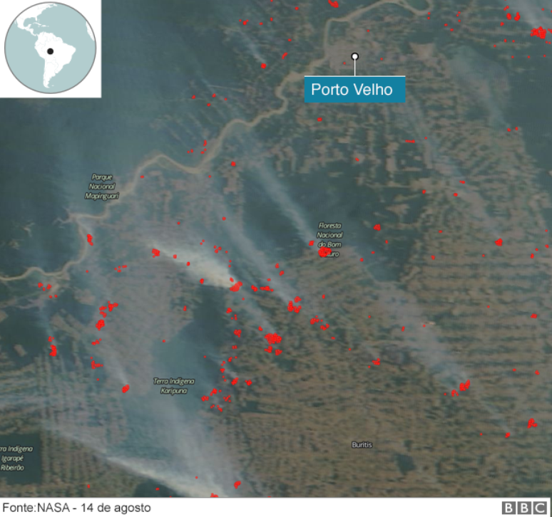 Mapa mostra queimadas na Amazônia