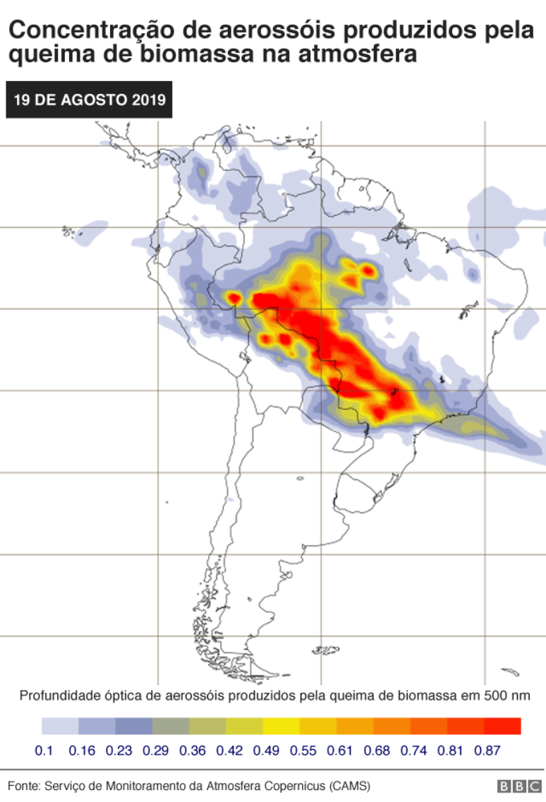 Mapa mostra previsão de fumaça no Brasil (Aerosol liberado com queima de biomassa em profundidade óptica de 550 nm) no dia 19 de agosto