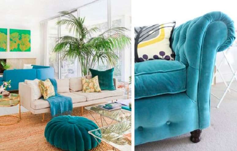 42. Tecido para sofá de veludo azul turquesa se destaca no meio da decoração. Fonte: Pinterest