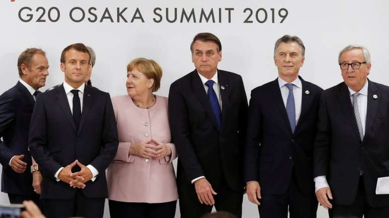 Bolsonaro e Merkel na cúpula do G20 em junho; ocasião em que Brasil e Alemanha trocaram farpas a respeito de política ambiental