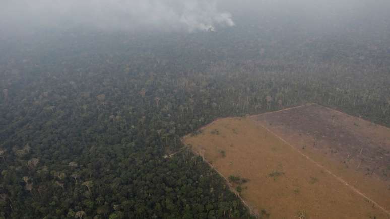 Em foto do último dia 21, fumaça se espalha em área de floresta parcialmente desmatada perto de Porto Velho (RO), um dos dez municípios citados no estudo
