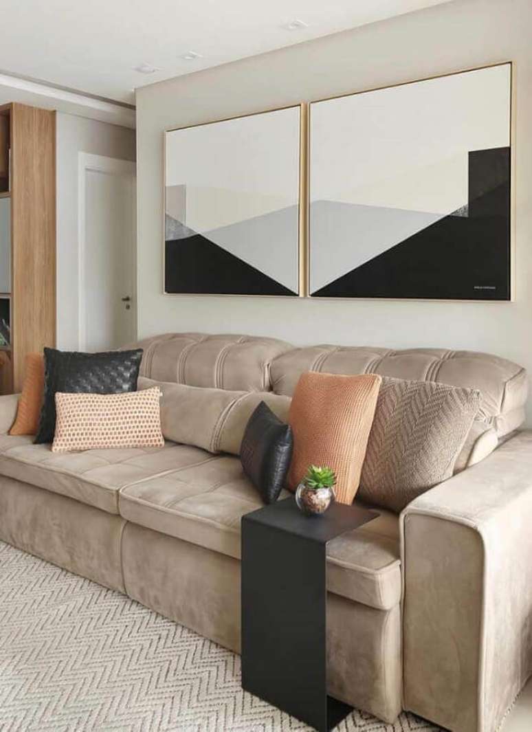 63. A dupla de quadros para decora&ccedil;&atilde;o &eacute; perfeito para quem n&atilde;o sabe como harmonizar modelos diferentes de quadros &ndash; Foto: Ideias Decor