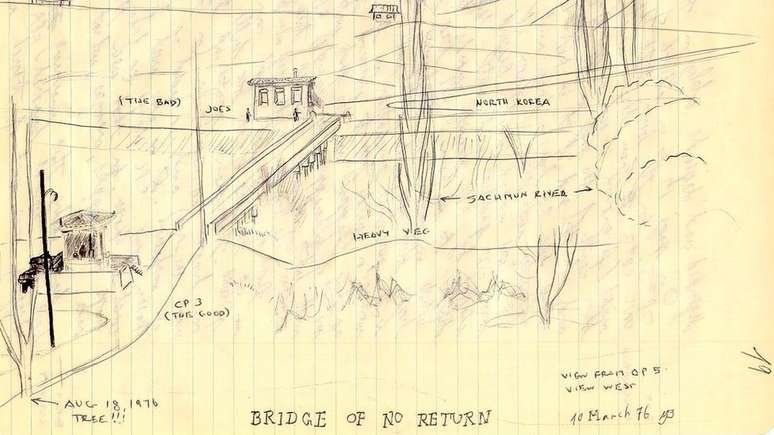 Um esboço do soldado Mike Bilbo mostra a ponte que separa a Coreia do Norte e a Coreia do Sul, com a árvore no canto inferior esquerdo