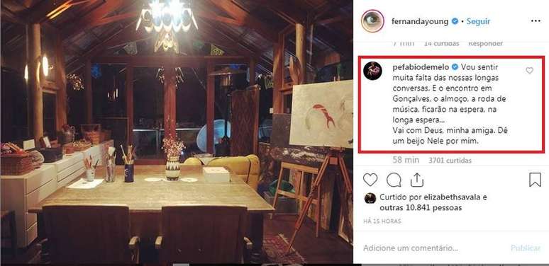 Padre Fábio de Melo lamenta a morte de Fernanda Young em comentário em uma foto da escritora.
