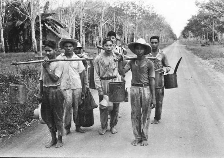 Seringueiros voltam do trabalho em Belterra, no Par&aacute;, em 1953