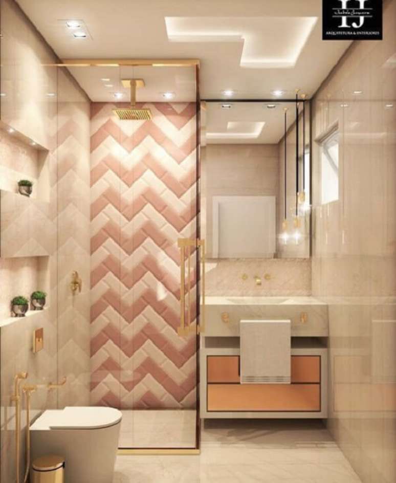 66. Azulejo para banheiro com estampa criativa em zigue-zague nos tons rosa e branco. Fonte: Pinterest