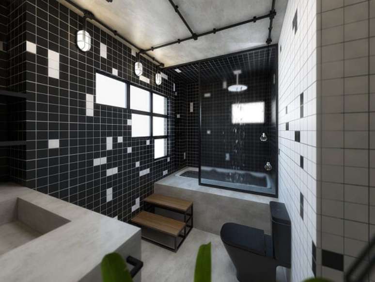 79. Decoração clássica com azulejo para banheiro em tons branco e preto. Fonte: Pinterest