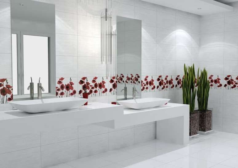 80. Decoração clean com azulejo para banheiro floral. Fonte: Pinterest