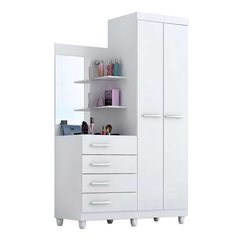 22. A c&ocirc;moda conta com a presen&ccedil;a de uma sapateira com espelho, prateleiras, e 4 gavetas. Fonte: Pinterest