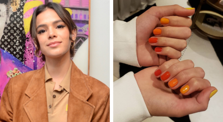 Unhas em degradê da Bruna Marquezine (Fotos: Eduardo Martins/AgNews - @laylagoncalvesnails/Instagram/Reprodução)