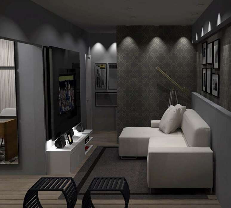 9. Decoração com tapete cinza para sala pequena com sofá retrátil – Foto: Wood Save