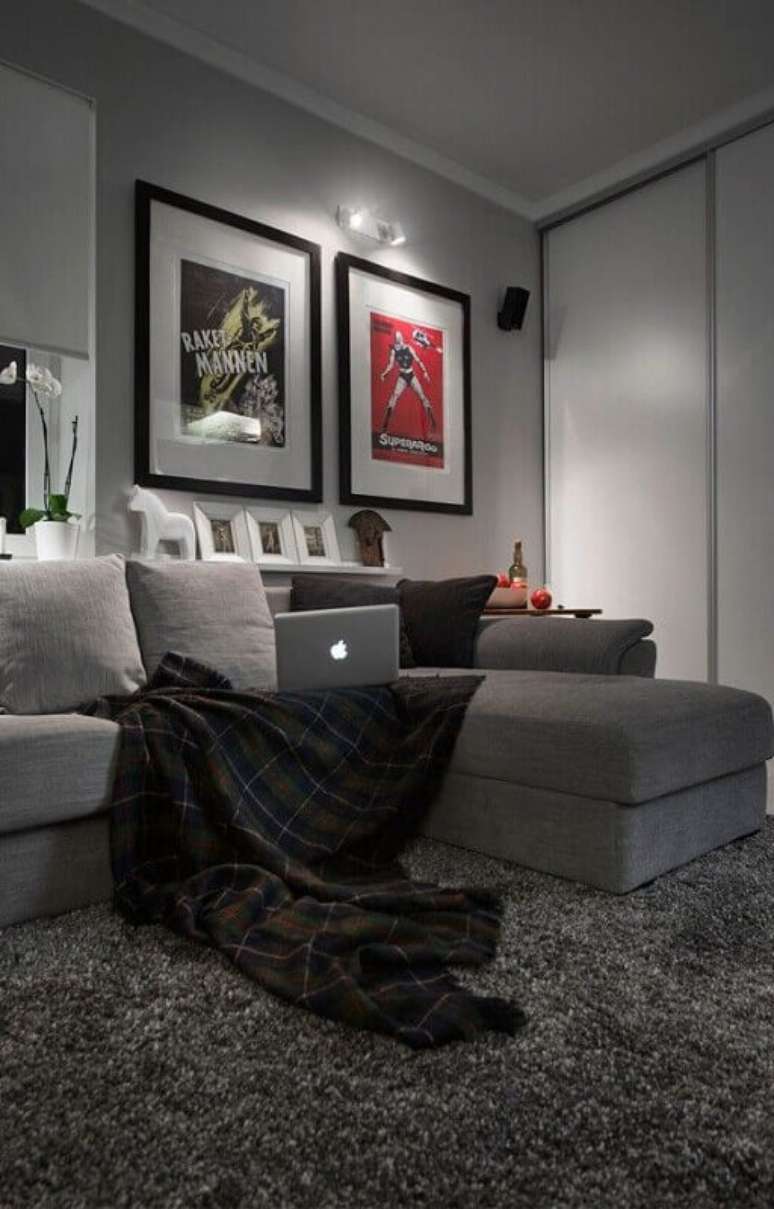 44. Tapete felpudo cinza para decoração de sala moderna com quadros decorativos – Foto: Pinterest