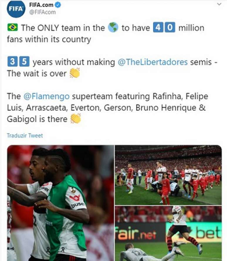 Flamengo garantiu a vaga contra o Internacional, pela Libertadores, e foi parabenizado (Reprodução/ Twitter Fifa)