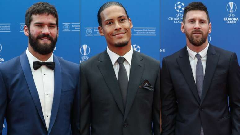 Alisson, Van Dijk e Messi durante o sorteio da próxima fase da Champions (Foto: AFP)