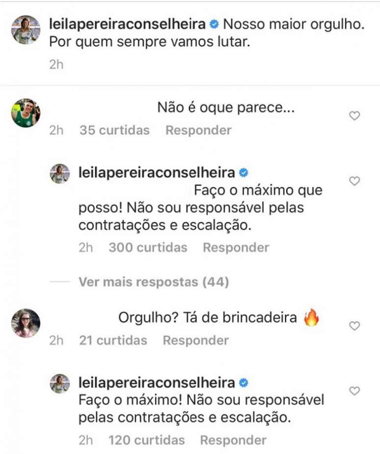 Leila Pereira respondeu torcedores em sua página no Instagram (Foto: Reprodução)
