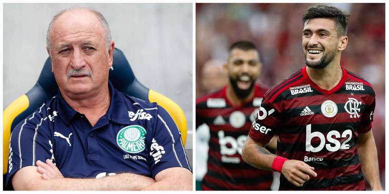 Felipão, técnico do Palmeiras, à esquerda; e Arrascaeta, seguido por Gabigol, do Flamengo, à direita