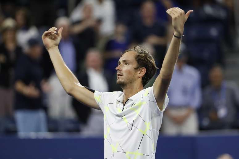 Sep 1, 2019; Flushing, NY, USA; Daniil Medvedev of Russia gestures to the crowd after his match against Dominik Koepfer of Germany (not pictured) in the fourth round on day seven of the 2019 US Open tennis tournament at USTA Billie Jean King National Tennis Center. Mandatory Credit: Geoff Burke-USA TODAY Sports