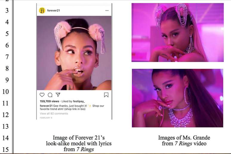 Foto de modelo usada em an&uacute;ncio da Forever 21 e de reprodu&ccedil;&atilde;o de processo apresentado pela cantora Ariana Grande em Los Angeles 3/9/2019 PACER (U.S. Dist. Court C.D. Cal.)/REUTERS  