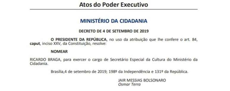 Decreto que nomeia o novo secret&aacute;rio especial de Cultura