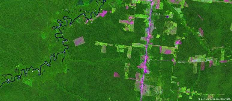 Foto de satélite mostra áreas desmatadas na Amazônia: em julho, desmate cresceu 278% em relação a mesmo mês de 2018
