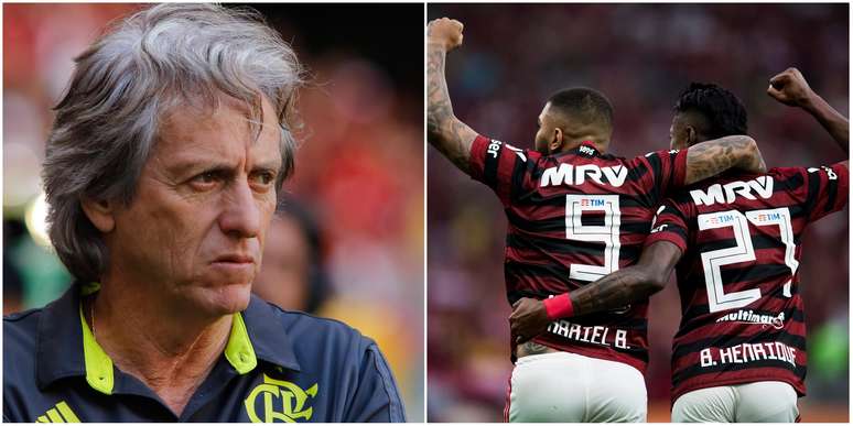 Técnico do Flamengo, Jorge Jesus, à esquerda, e os atacantes Gabigol e Bruno Henrique à direita