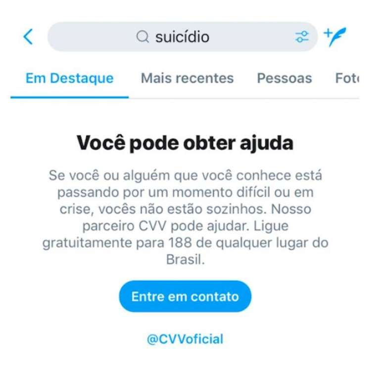 Busca por 'suicídio' ou palavras relacionadas ao tema resulta na indicação de serviço de apoio.