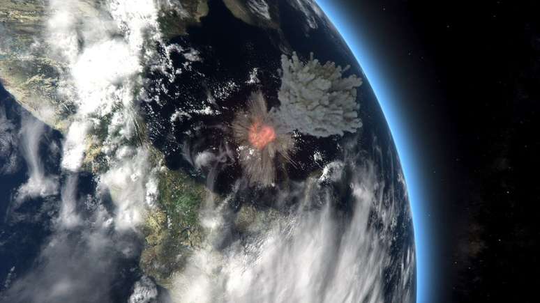 Ilustração mostra o impacto do asteróide, que deve ter desencadeado ondas gigantescas