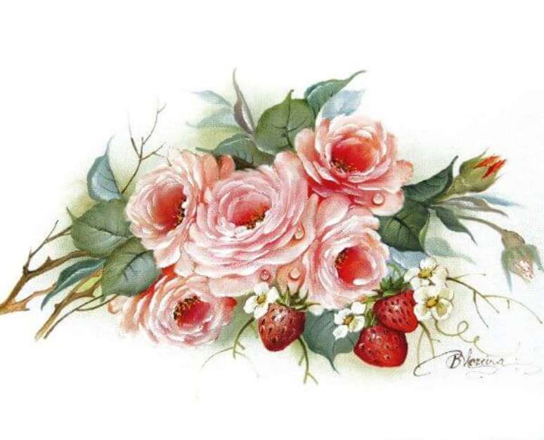 35. Pintura em pano de prato frutas e flores – Por: Bia Moreira
