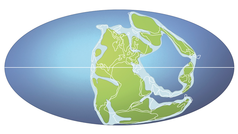 Há 258 milhões de anos, o supercontinente Pangeia ainda não havia sido dividido entre a Laurasia, ao norte, e Gondwana, ao sul.