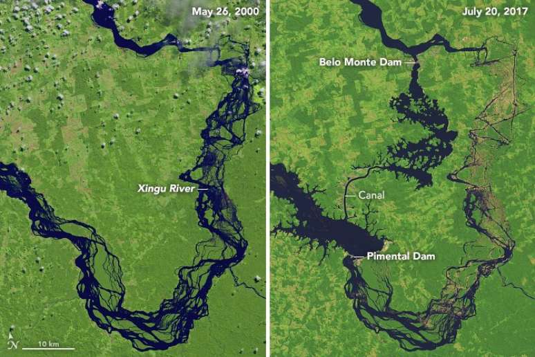 Imagens de satélite mostram como vazão de água na Volta Grande do Xingu caiu drasticamente após o início do desvio para alimentar Belo Monte.