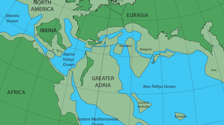 O continente de Grande Adria (acima retratado no mapa em inglês cedido pelo estudo como 'Geater Adria') colidiu com o sul da Europa entre 100 e 120 milhões de anos atrás.