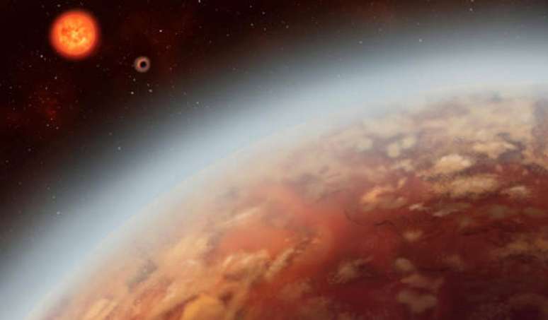 Ilustração artística do exoplaneta K2-18b e de sua estrela