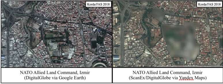 Uma comparação de imagens da base da Otan na Turquia no Google e no Yandex