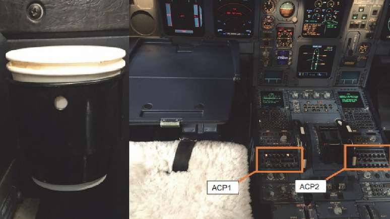 Porta-copos do avião e seus painéis de controle ACP1 e ACP2; relatório aponta que um dos botões derreteu com o café
