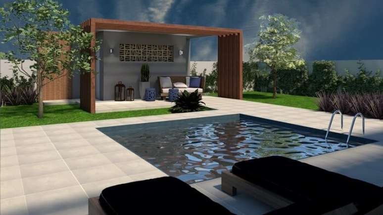 7. &Aacute;rea de lazer pequena com piscina e ed&iacute;cula. Projeto por La Decora