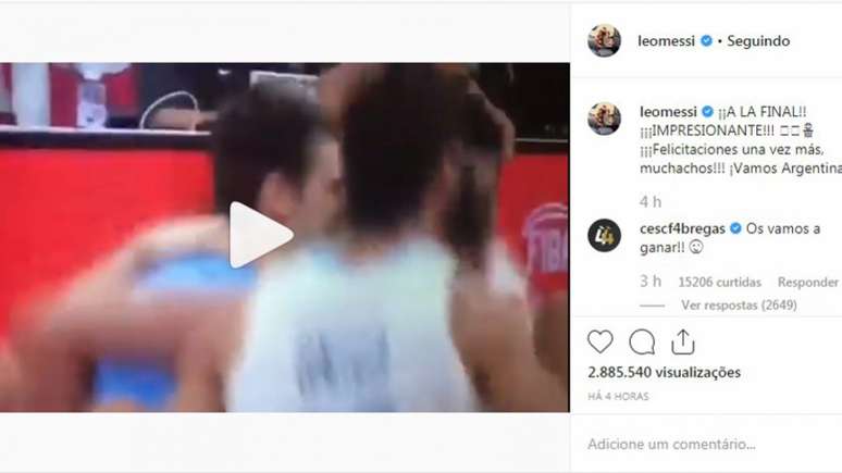 Messi celebrou a vitória da Argentina sobre a França na semifinal do Mundial FIBA (Foto: Reprodução/Instagram)