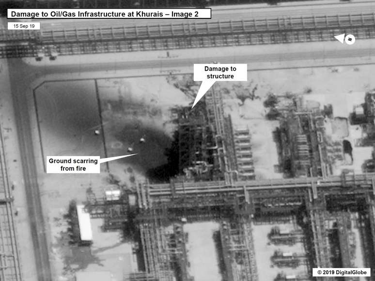 Imagem de satélite mostra danos provocados a instalação de petróleo e gás da Aramco em Khurais
15/09/2019
Governo dos EUA/DigitalGlobe/Divulgação via REUTERS
