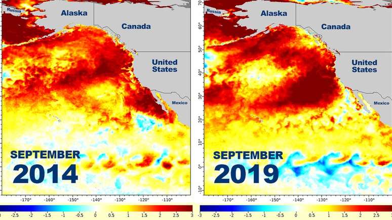 Mapas da NOAA mostram como as temperaturas do oceano em 2014 s&atilde;o semelhantes &agrave;s de setembro de 2019.
