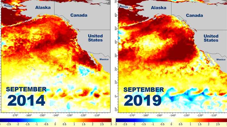 Mapas da NOAA mostram como as temperaturas do oceano em 2014 são semelhantes às de setembro de 2019.