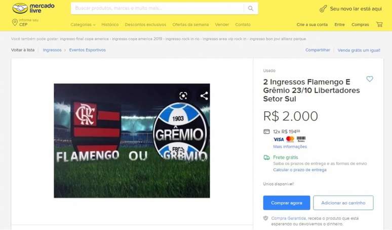 Cambistas oferecem ingressos para a partida entre Flamengo e Grêmio na internet (Foto: Reprodução)