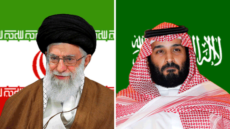 O aiatolá do Irã, Ali Khamenei (à esq.), e o príncipe saudita Mohammed bin Salman