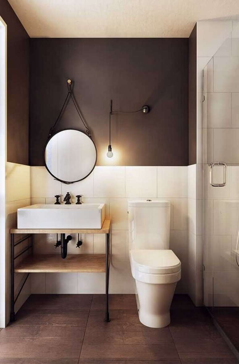 35. Decoração industrial para banheiro simples branco e preto – Foto: Pinterest