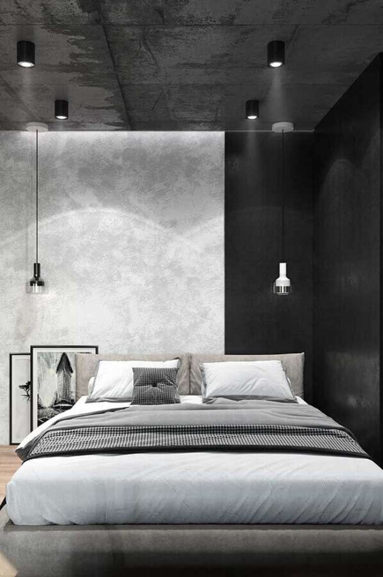 62. Decoração industrial para quarto de casal preto e cinza com pendentes modernos – Foto: Home Garden And Kitchen