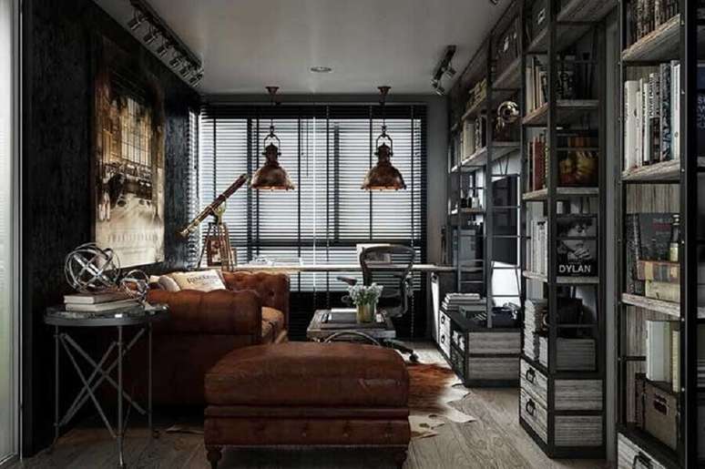 66. Decoração industrial sala com estante de nichos e sofá de couro – Foto: Yandex