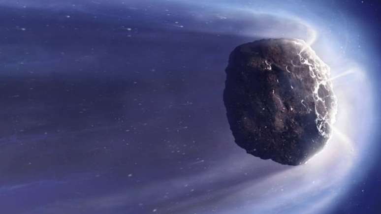 Ilustração de um cometa genérico. Os cometas são restos de materiais que deram origem a planetas gigantes e nunca chegaram a ser incorporados a esses planetas.