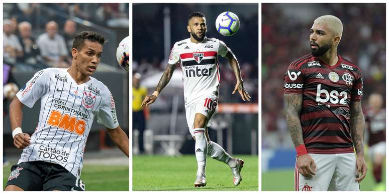 Da esquerda para a direita, Pedrinho (Corinthians), Daniel Alves (São Paulo) e Gabigol (Flamengo)