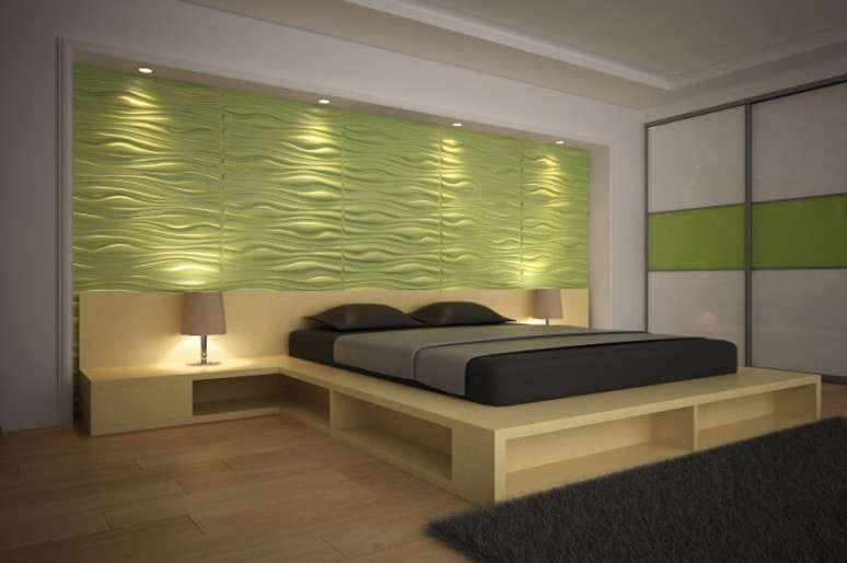 64. Quarto de casal com placa de gesso 3D aplicada atr&aacute;s da cama. Fonte: Pinterest