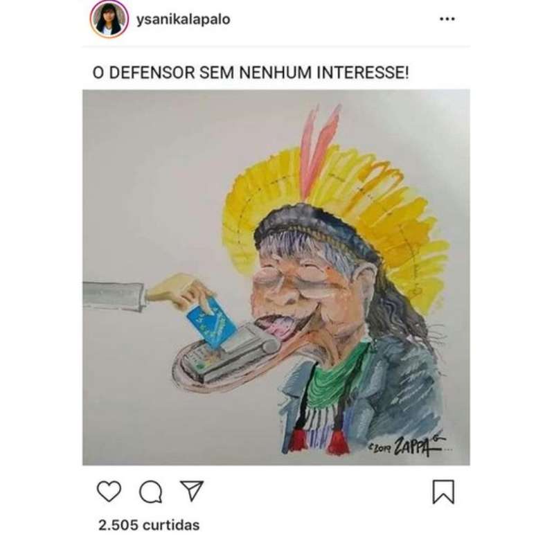 Em post no Instagram, Ysani criticou o cacique Raoni Kaiap&oacute;, recentemente indicado para o Nobel da Paz