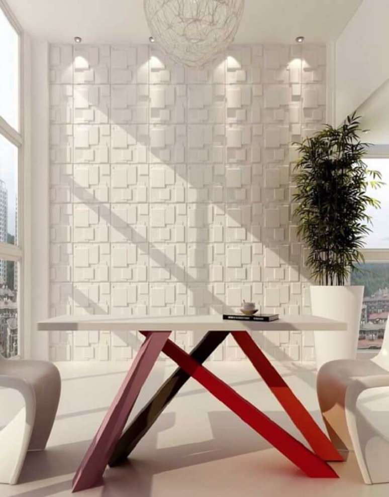 54. Parede com placa de gesso 3D recebe ilumina&ccedil;&atilde;o pontual. Fonte: Pinterest