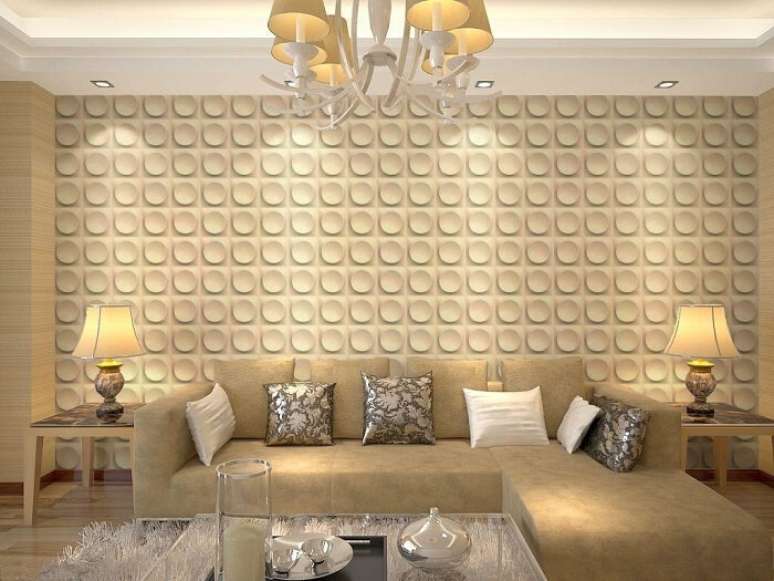 71. Sala de estar com parede revestida por placa de gesso 3D com desenho redondo. Fonte: Pinterest